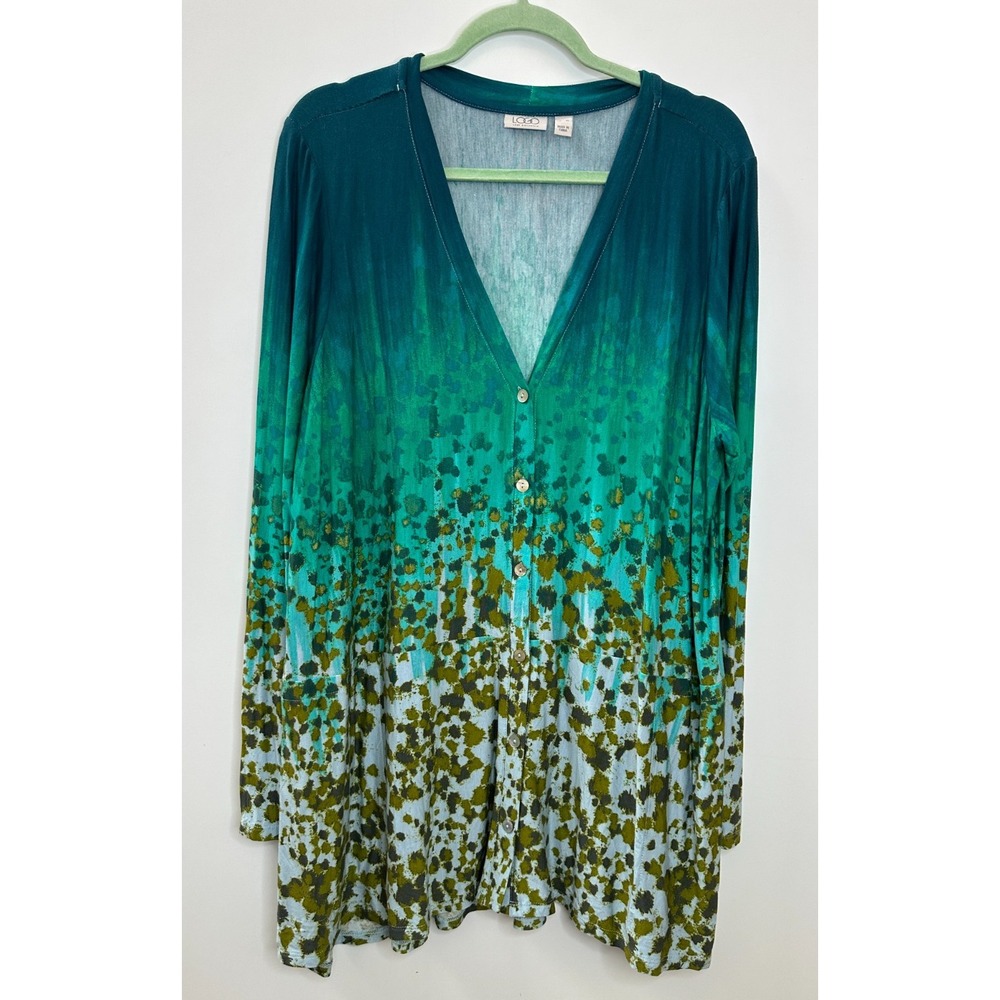 LOGO Lori Goldstein Teal Green Ombre Splatter Print Button Front Tunic Cardi XL - Picture 2 of 10